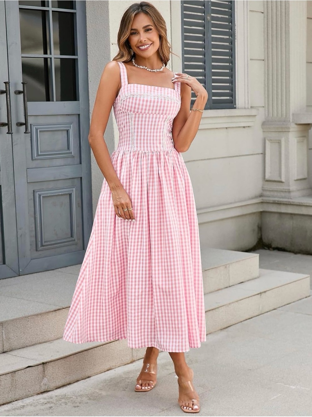 Brand New! Pink Gingham Square-Neck Maxi Corset Dress (Size: Large) - Picture 3 of 7